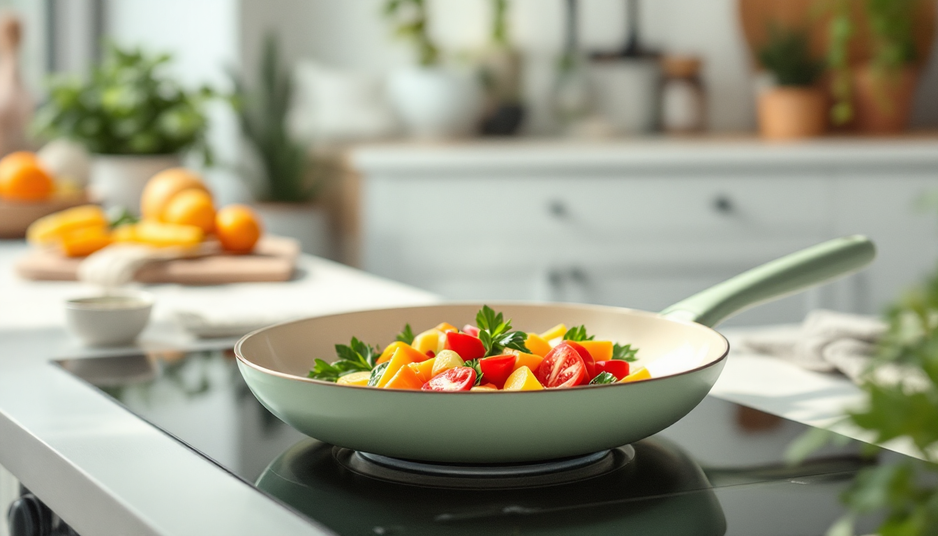 The CookAim ceramic pan cooking fresh vegetables